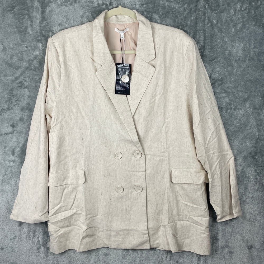 MNI LOS ANGELES Oversized Double Breasted Blazer‎ Women Large Beige Linen New
